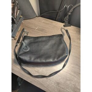 Michael Kors Black Pebbled Shoulder Bag with Logo Charm Chain Strap Women